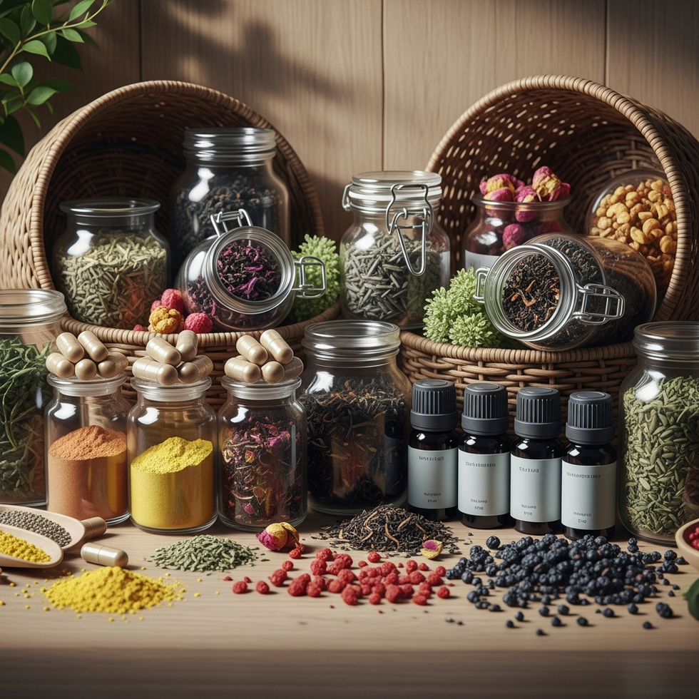 Arrangement of natural wellness products including capsules, herbal teas, oils, and superfoods on a wooden table.