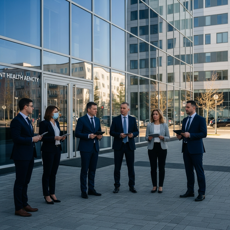 A CDC headquarters image with officials in discussion, symbolizing the importance of independent health communication.