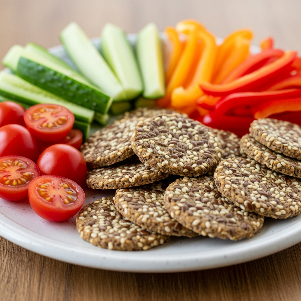 a plate of homemade seed crackers and fresh vegetables