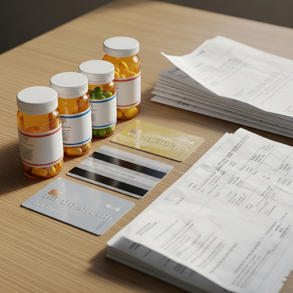 healthcare coverage Image prompt: An array of medication bottles, insurance cards, and bills representing the complexities of private health coverage.