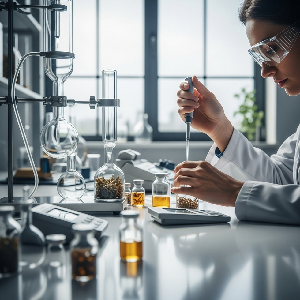 Close-up of a scientist analyzing plant extracts in a high-tech laboratory with bottles of herbal compounds and analytical equipment.