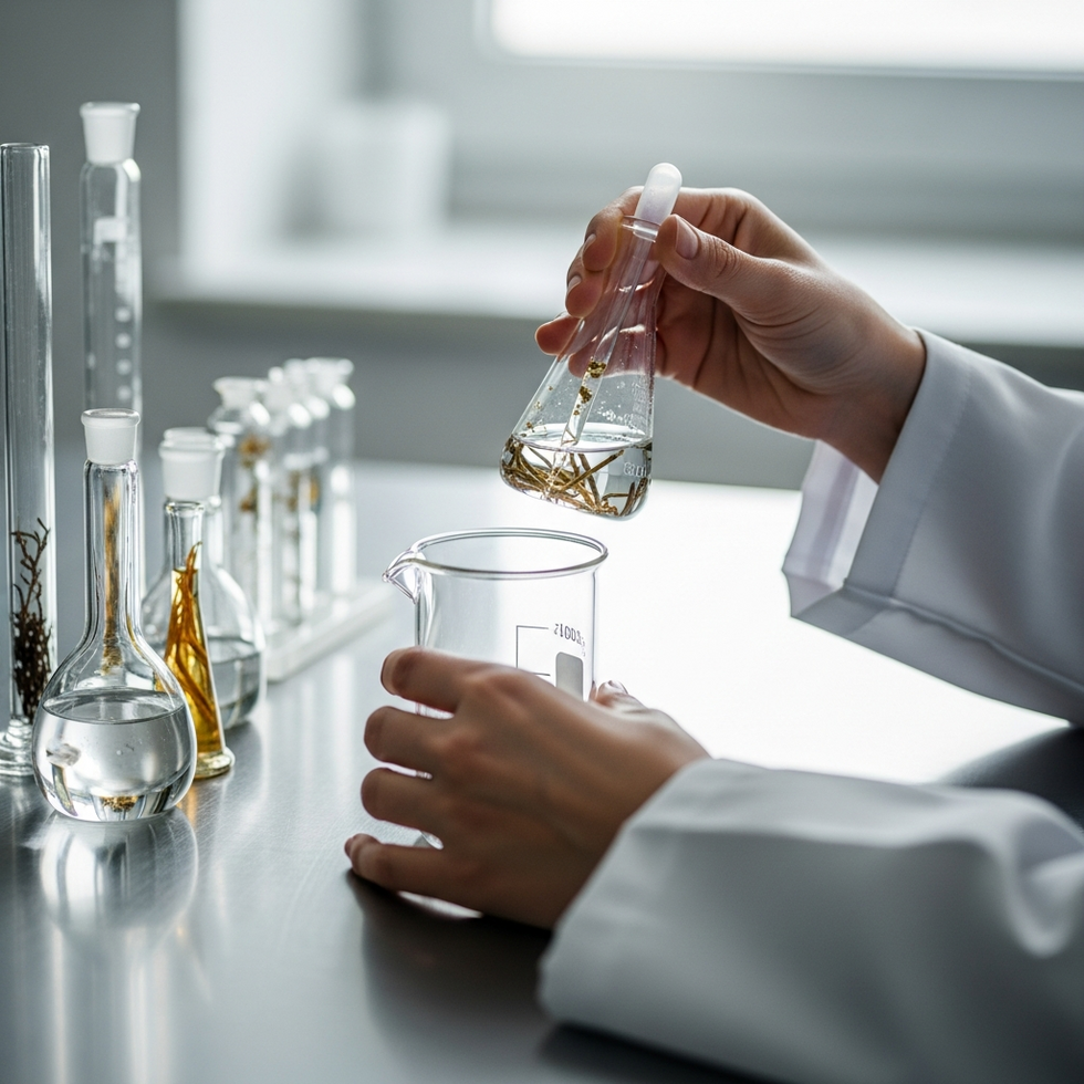 Close-up of lab testing herbal extracts with scientific equipment, illustrating research and validation of natural products.