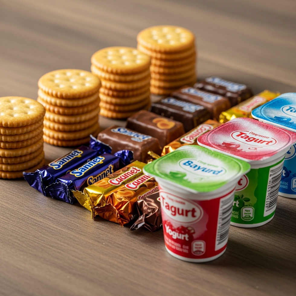 a display of processed snacks including soda crackers, candy bars, and flavored yogurt containers