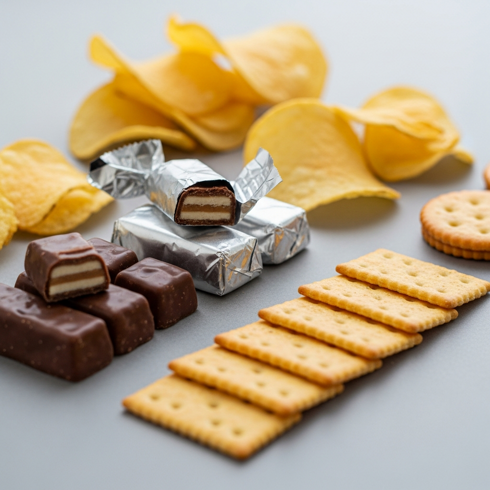 an arrangement of common ultra-processed foods like chips, candy bars, and soda crackers displayed together