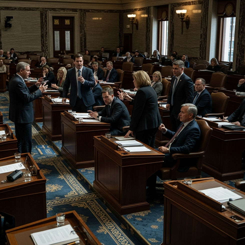 policy debate Image prompt: A divided Congress chamber, with lawmakers engaged in debate, symbolizing political gridlock on healthcare issues.