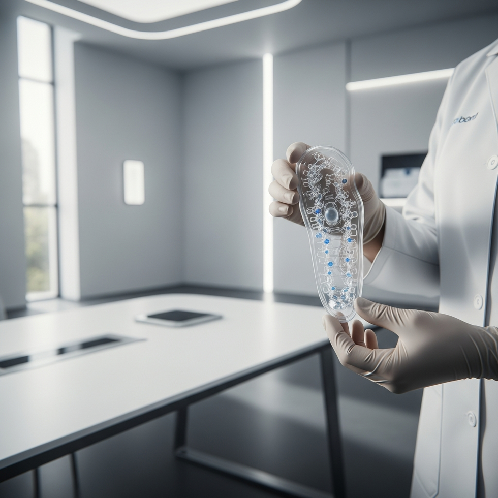 A futuristic depiction of 3D printed biodegradable implants and polymer-based nanobiosensors integrated into healthcare environments.