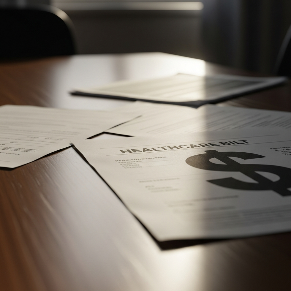 medical debt Image prompt: A healthcare bill, with large dollar signs and medical documents spread out on a table, illustrating the financial burden on patients.