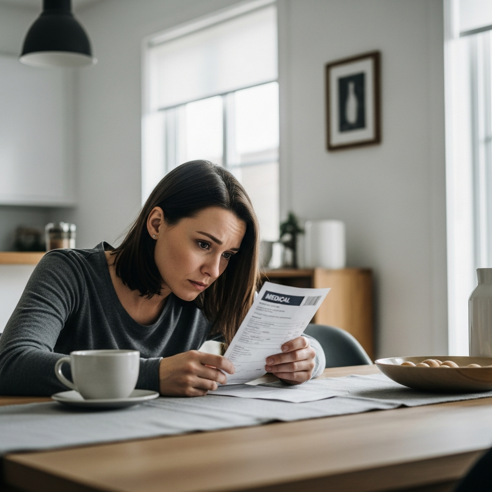 medical bills stress Image prompt: A worried woman looking at a medical bill at home, illustrating the financial stress faced by many Americans.
