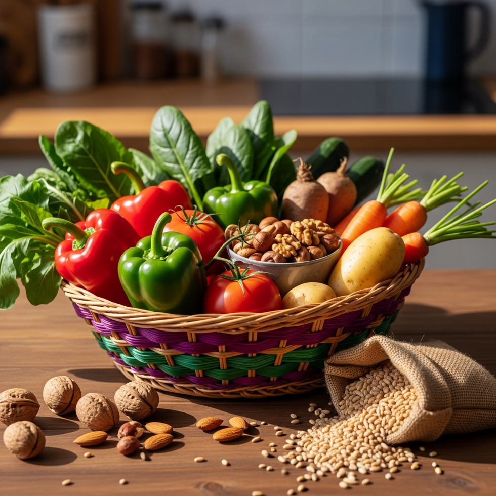 a vibrant basket of fresh produce, nuts, and whole grains symbolizing healthy eating