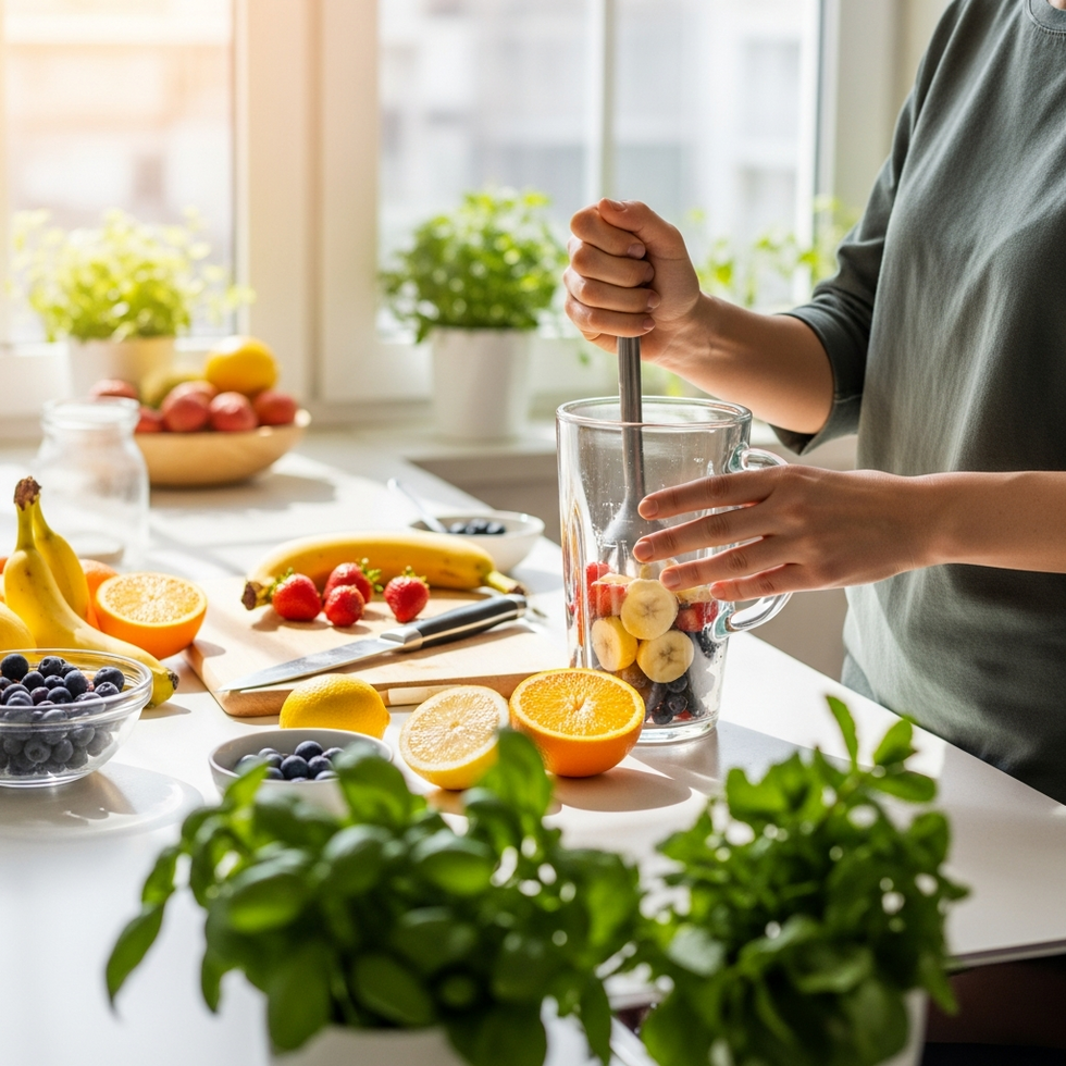 a person preparing a smoothie with organic fruits and herbs in a bright kitchen