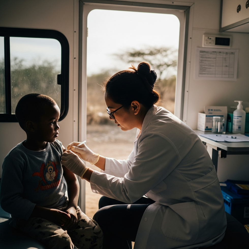 A healthcare worker vaccinating children in a mobile clinic amidst rising measles cases, illustrating public health efforts.