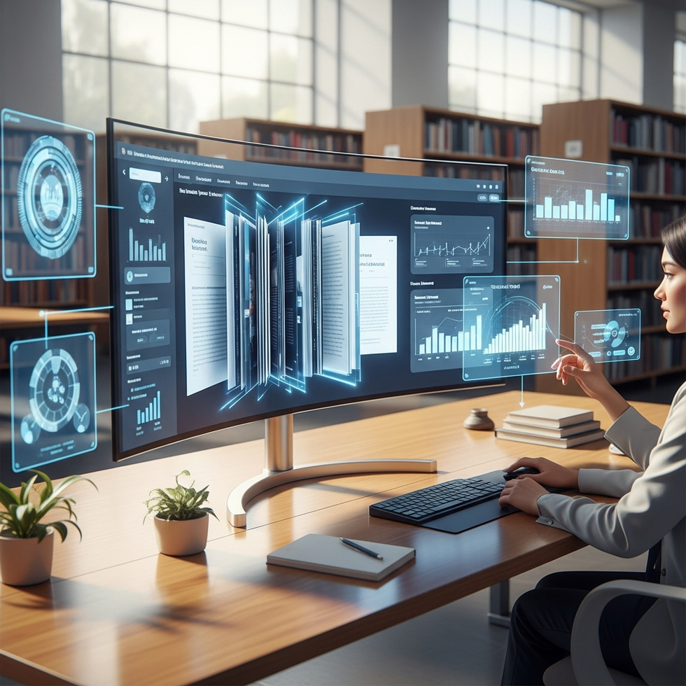 A futuristic illustration of an academic digital environment with expanding journals and smooth workflows, symbolizing growth and scalability.