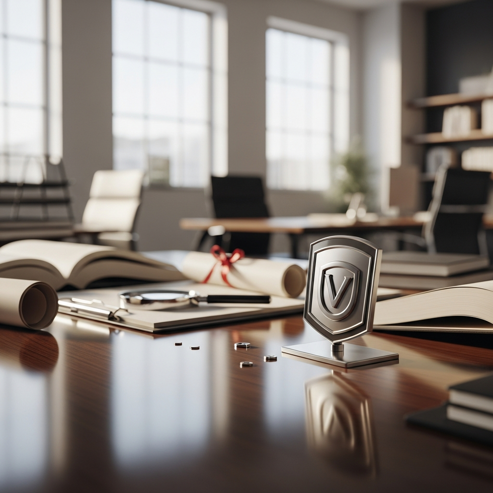 A symbolic badge or seal representing trust, verification, and regulatory compliance, combined with academic symbols in a professional setting.