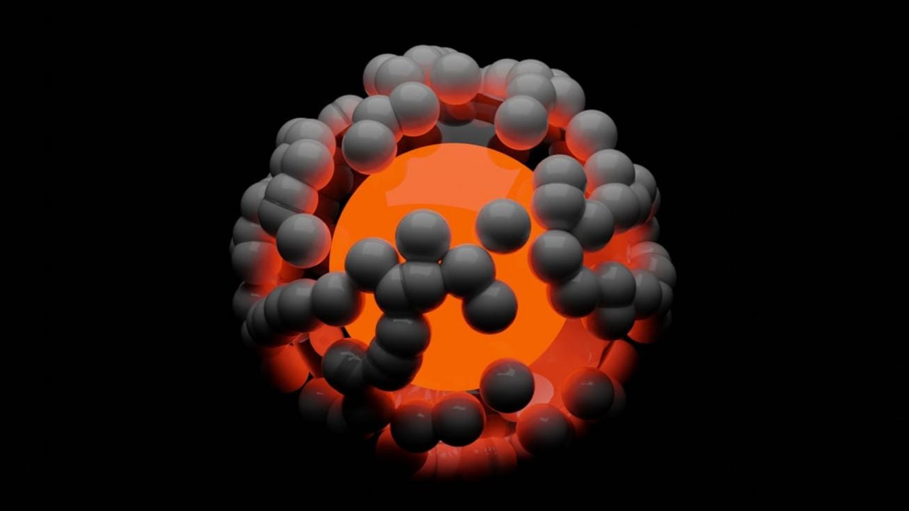 A detailed illustration of a polymer-based drug delivery system with Dutch research labs in the background