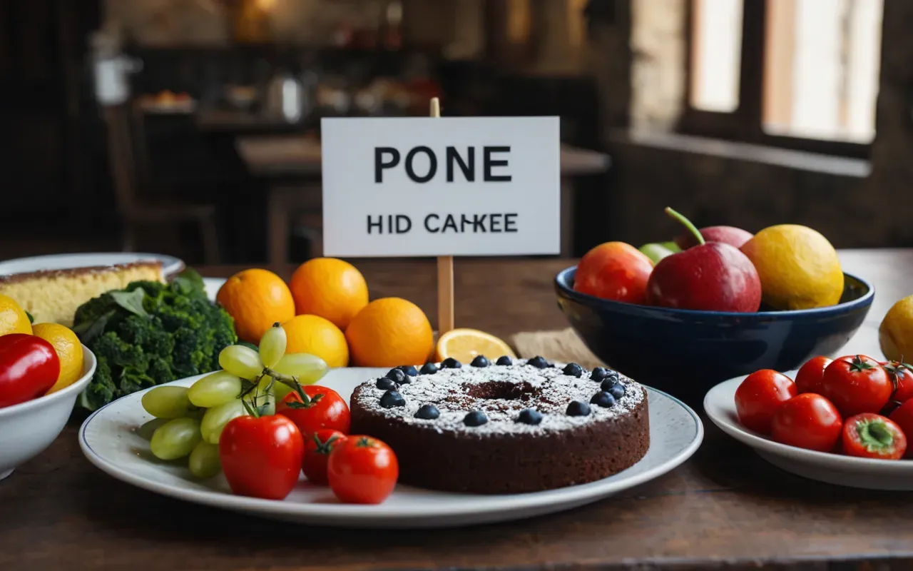 A close-up of a healthy meal with colorful vegetables and fruits next to a slice of cake, symbolizing dietary balance, realistic photo