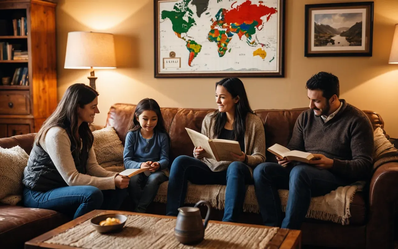A family sitting together in a cozy living room, reading books and talking, warm lighting, relaxed atmosphere, realistic photo