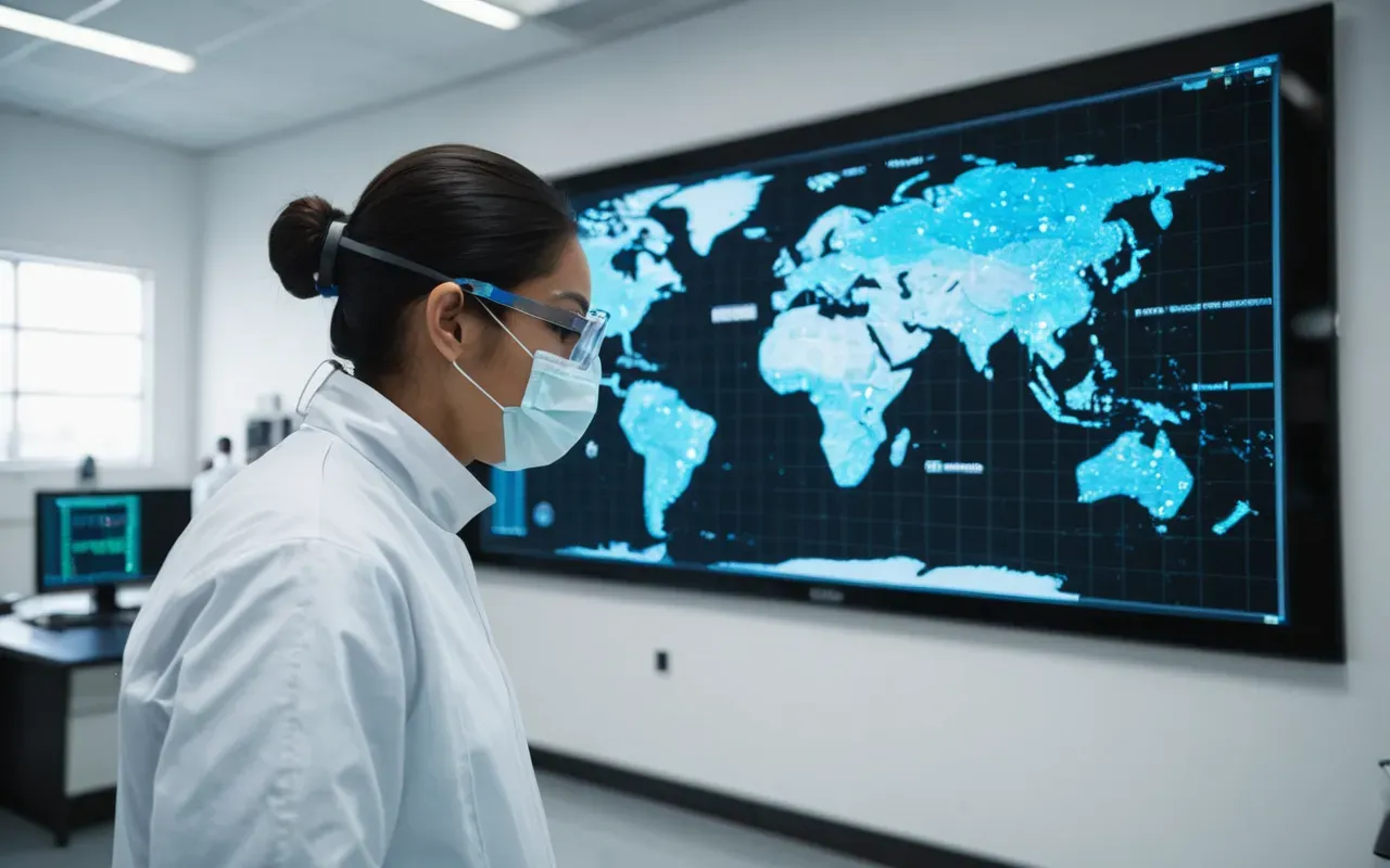 health science breakthroughs A modern laboratory scientist wearing protective gear looking at a holographic projection of a complex molecule. The room is clean bright and filled with high-tech equipment representing advanced health research.