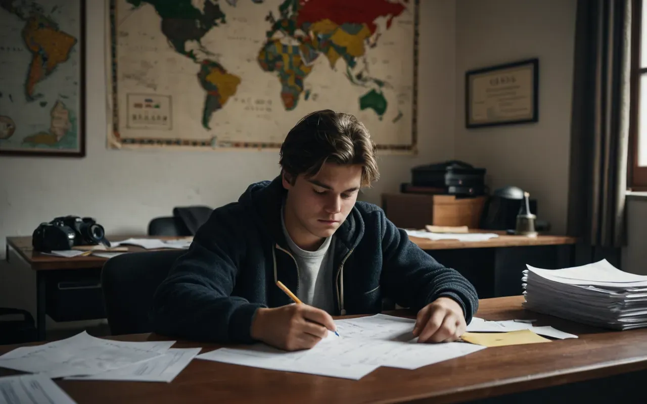 A tired student sitting at a modern desk in a dimly lit room, surrounded by scattered papers, looking exhausted, realistic photo