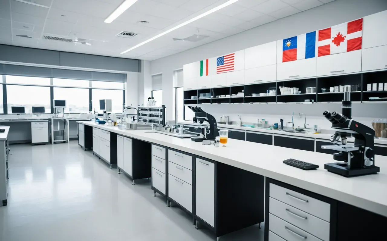 Bright modern laboratory setting with white benchtops holding various scientific instruments including microscopes pipettes and clear storage containers organized neatly alongside digital tablet devices displaying simple graphs.