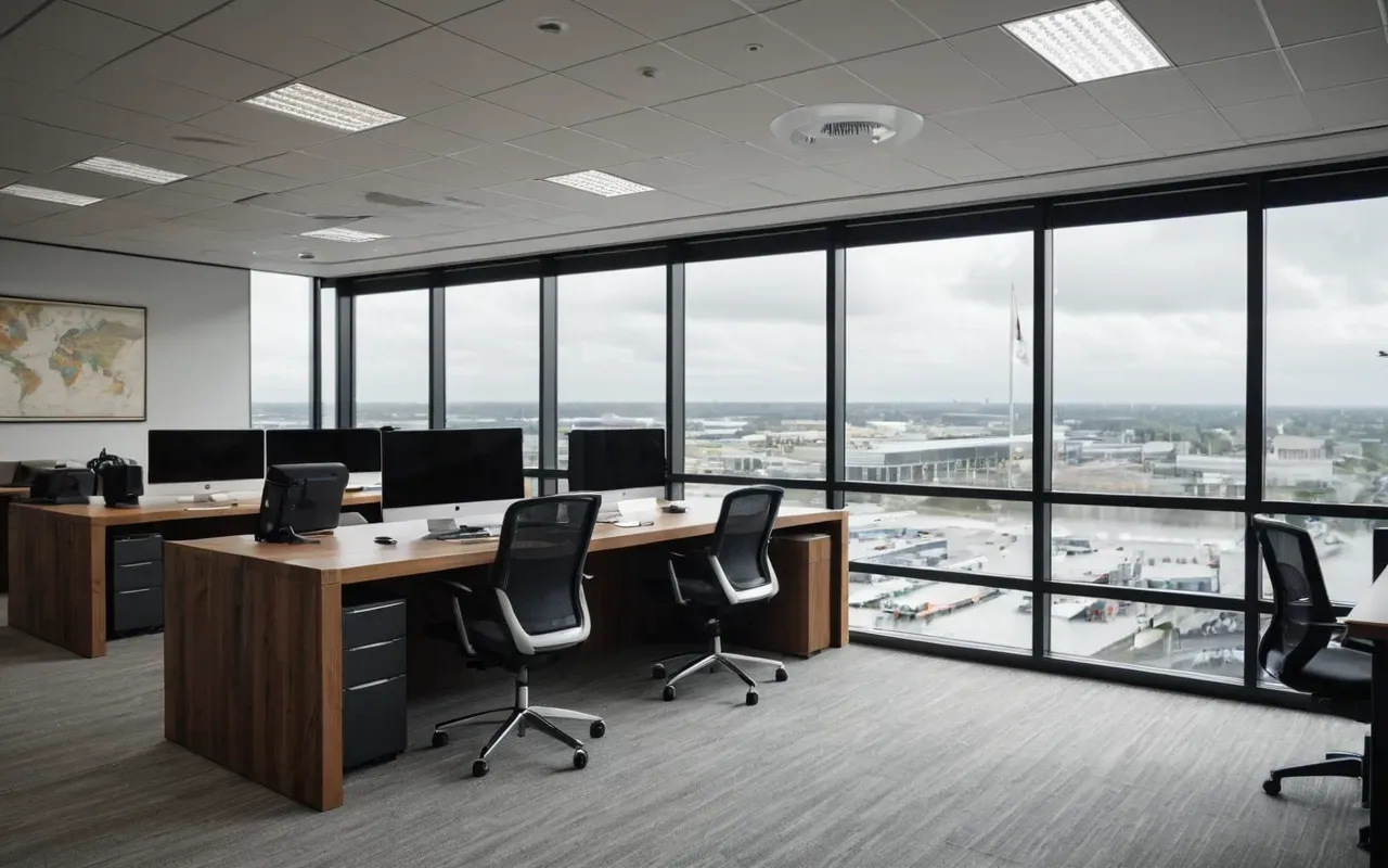 Contemporary office interior with large floor-to-ceiling windows showing overcast sky outside while inside sits a sleek ergonomic desk chair facing a standing workstation equipped with dual monitors displaying clean dashboard interfaces.