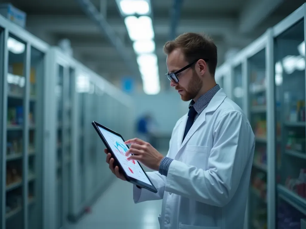 health research innovation A blurred laboratory background with a sharp focus on a single researcher holding a tablet showing abstract scientific charts while wearing casual smart clothing in a bright minimalist workspace setting