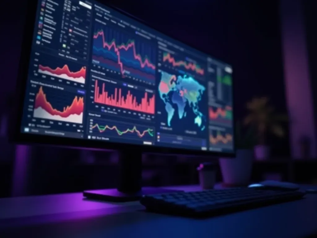 data analysis visualization A close up of a computer monitor displaying colorful data graphs and charts in a dark room with ambient purple lighting reflecting off the glass surface.