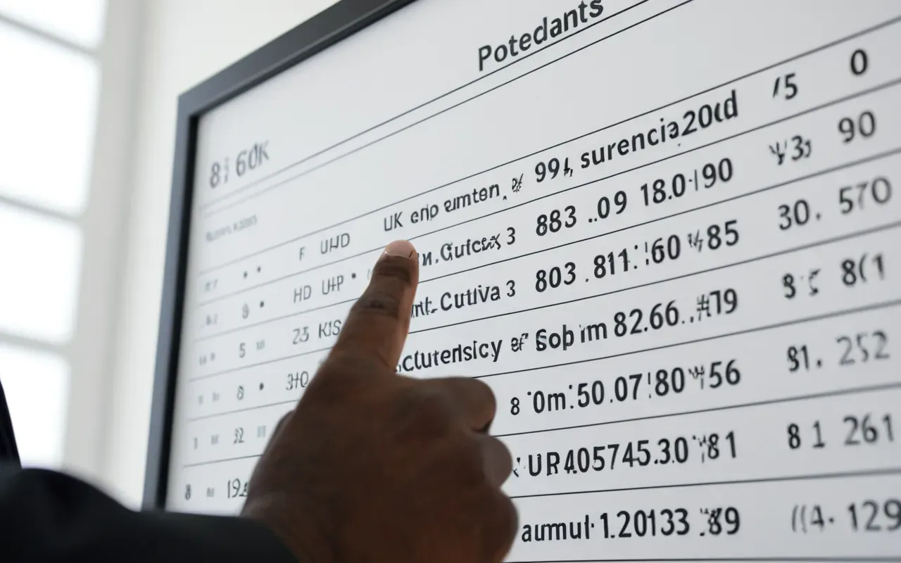 data presentation focus A close-up of a hand pointing at a specific data point on a large printed chart with clean white background and bright office lighting