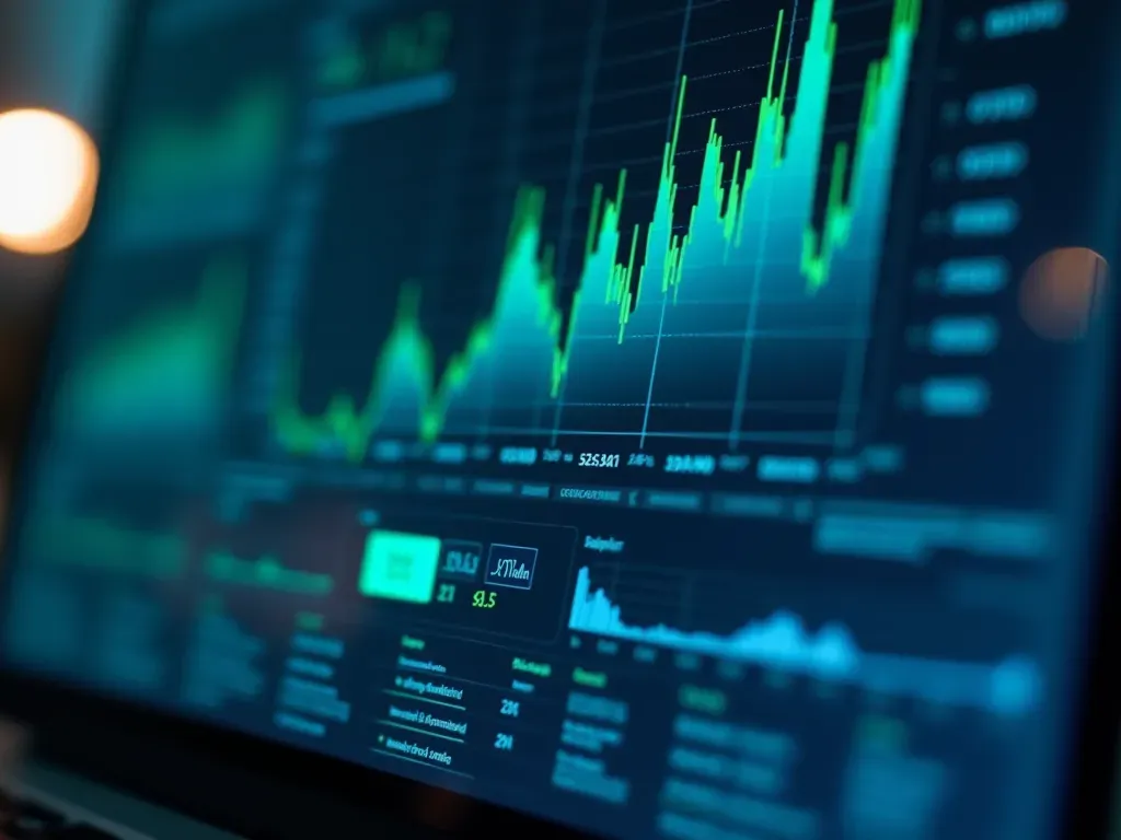 data validation software A close-up of a modern laptop screen displaying complex data visualization graphs in blue and green tones with soft ambient lighting reflecting off the glass surface creating a sense of digital analysis focus