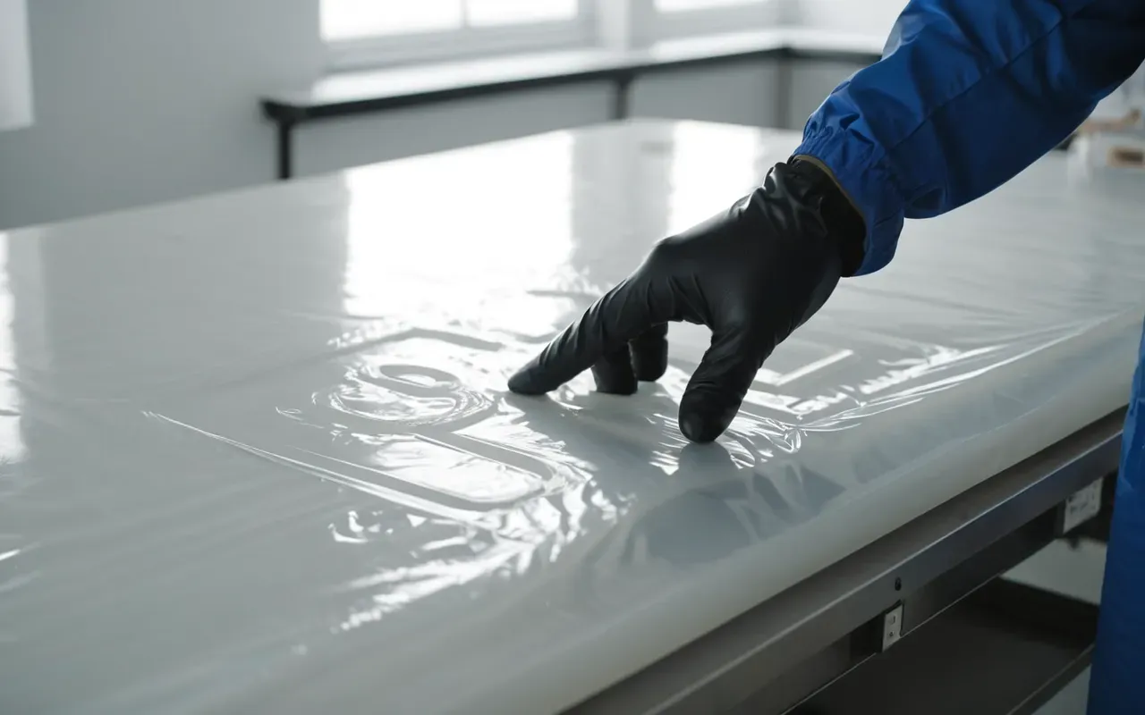 drug delivery polymers A close up of a transparent polymer sheet being handled by gloved hands in a bright clean room. The material looks flexible and smooth with soft shadows on the white surface.