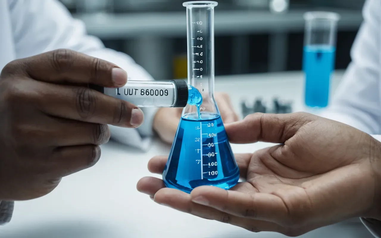 laboratory testing process A close up of hands holding a test tube with blue liquid in a bright laboratory setting.
