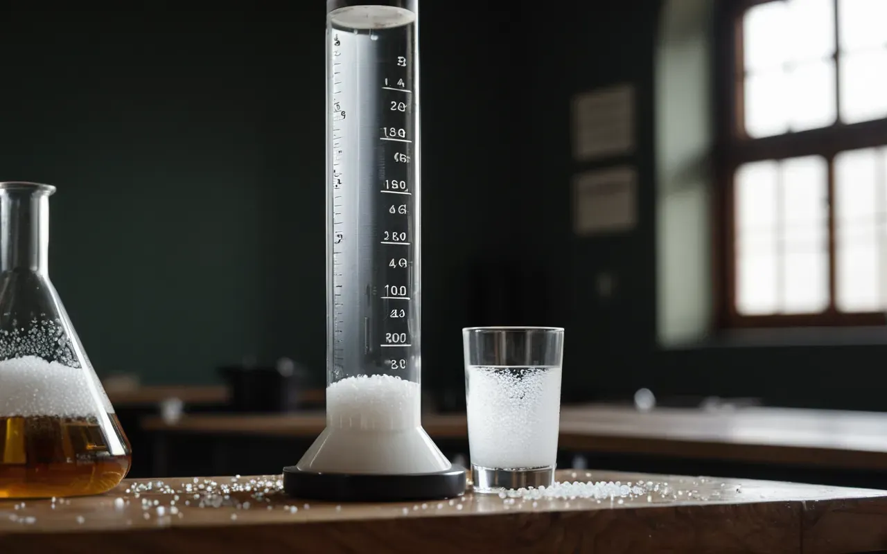 natural products chemistry A close-up photograph of a glass chromatography column filled with fine white silica gel particles sitting on a wooden lab bench next to a clear flask containing an amber-colored liquid solution under bright overhead fluorescent lighting.