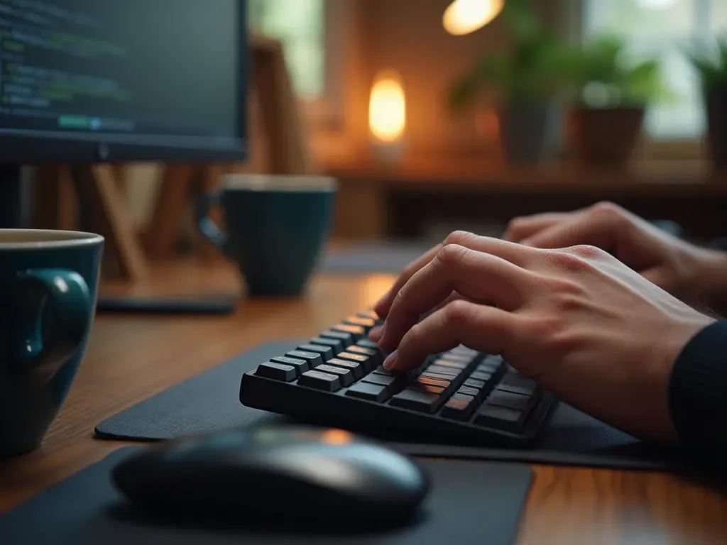 researcher daily routine A close up shot of hands typing on a mechanical keyboard with coffee cup nearby showing signs of hard work and dedication in a cozy home office environment illuminated by warm desk lamp light