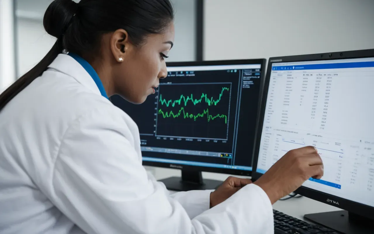 data analysis research A close up view of a researcher in a white lab coat examining data on a computer screen in a modern office.