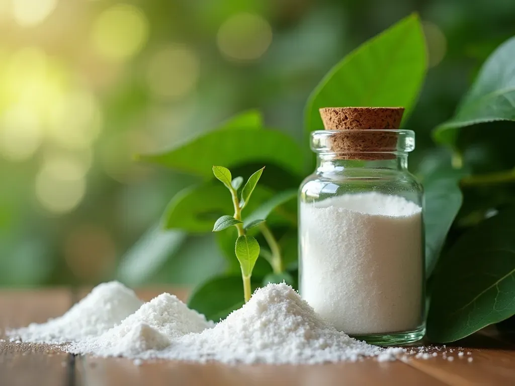 natural product extraction process A close up view of green plant leaves on a wooden surface next to a clear glass vial containing white crystalline powder with soft natural light highlighting the texture.