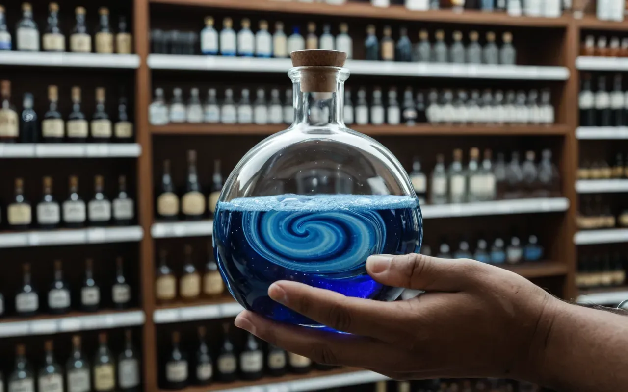 chemistry experiment A close-up view of hands holding a clear glass flask containing a swirling blue liquid. The background is blurred but shows shelves with various bottles and laboratory equipment in soft, warm light.