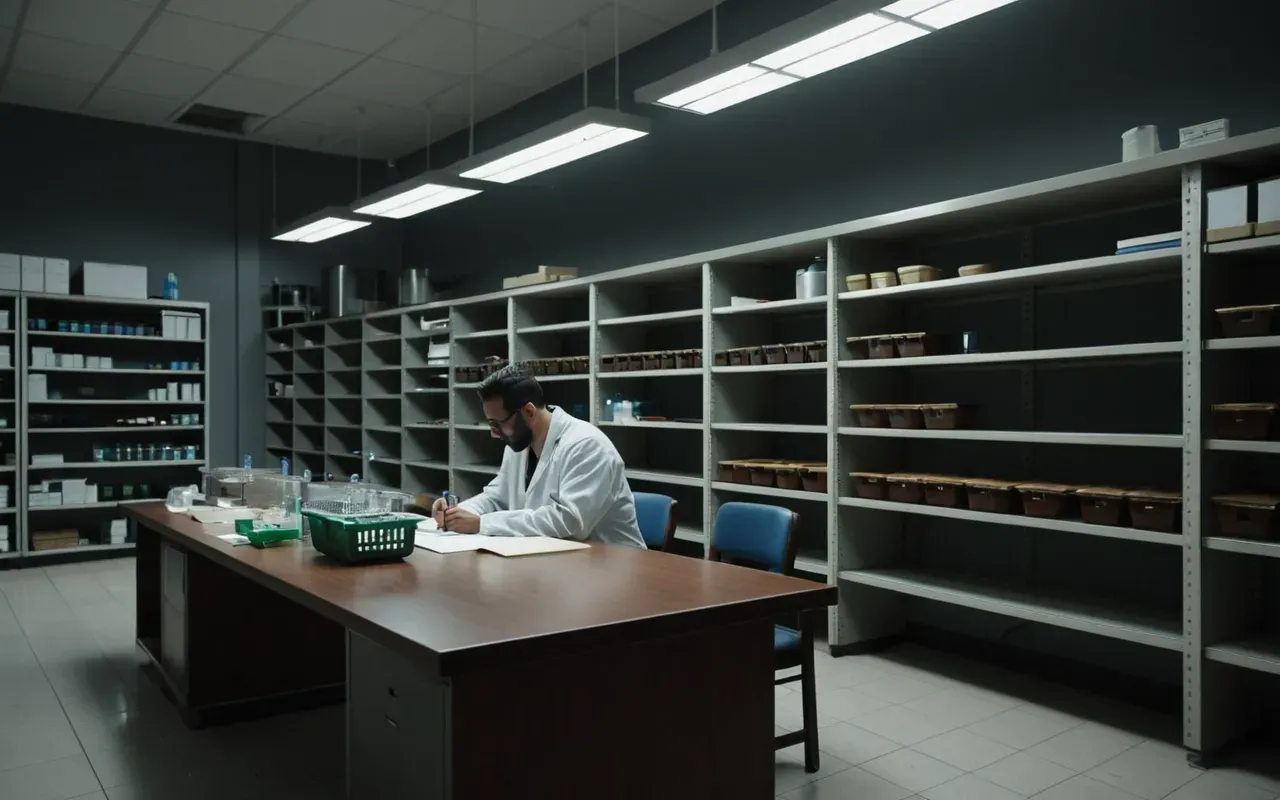 scientific stability crisis A dimly lit university laboratory with rows of empty shelves and a single desk where a researcher sits looking at closed documents on the table. The lighting is cool and blue, emphasizing isolation and quiet contemplation in a modern sterile environment.