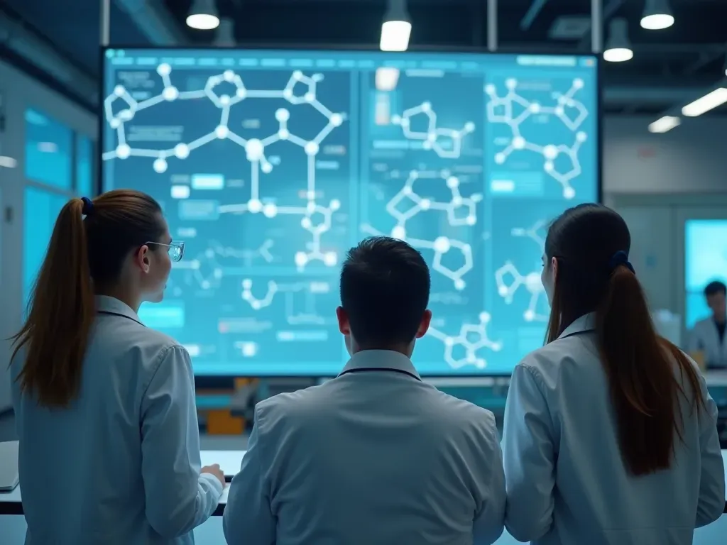 collaborative scientific research team A diverse group of scientists in white coats looking at a large data screen showing chemical structures and reaction pathways in a bright modern office environment.