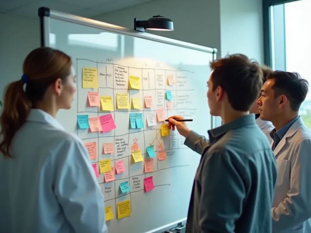 scientific discussion meeting A diverse group of scientists standing around a whiteboard covered in colorful sticky notes discussing complex diagrams with natural daylight streaming through large windows creating an open collaborative atmosphere