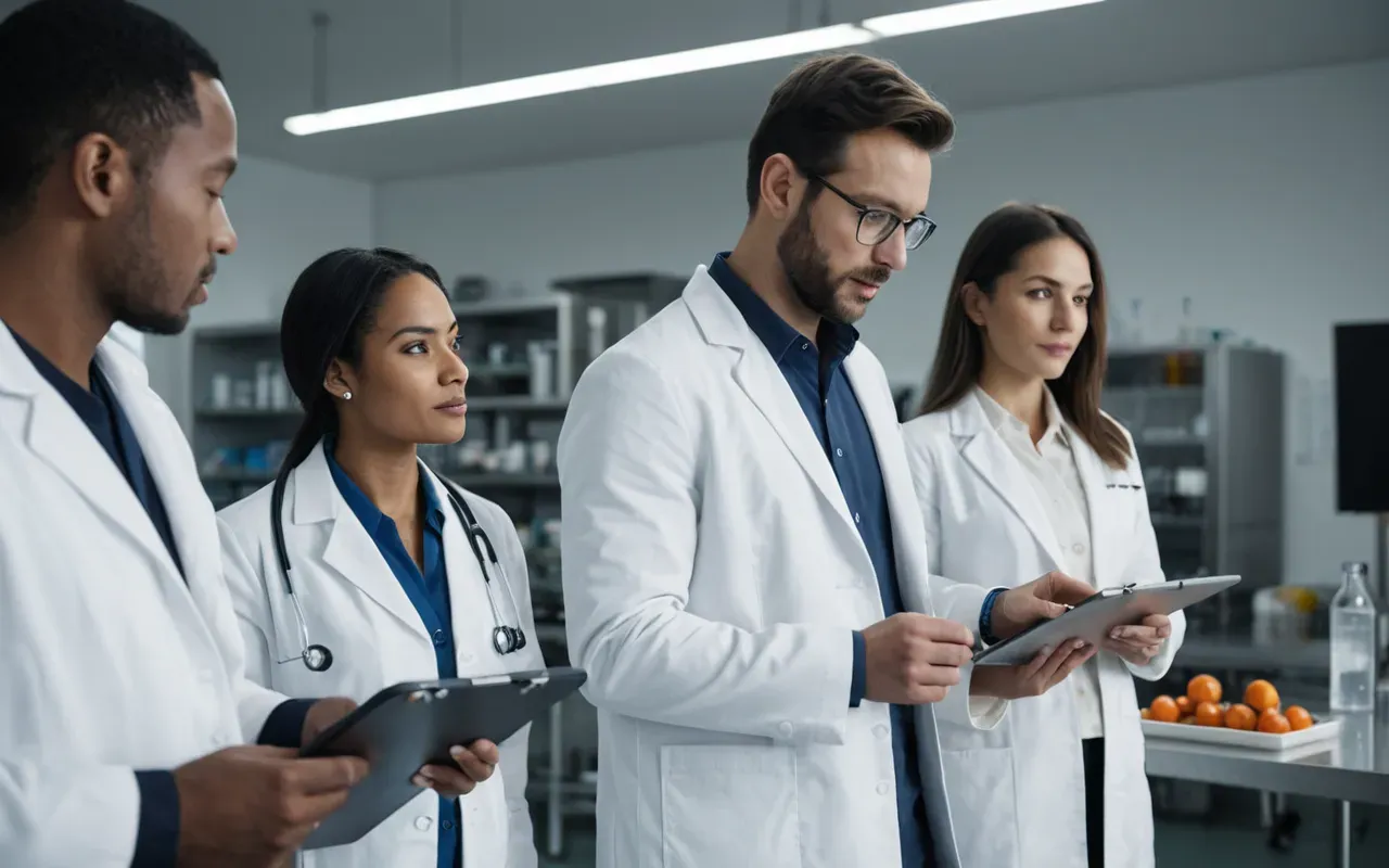 lab automation tools A diverse group of scientists standing in a modern laboratory with white coats and looking at each other while holding clipboards.