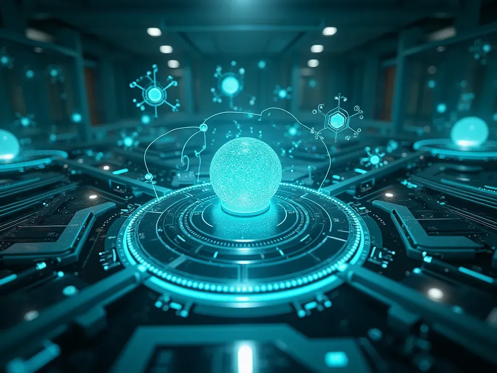 advanced health research lab visualization A futuristic laboratory setting with holographic displays showing molecular structures and data streams in blue and green hues around a central reactor core.