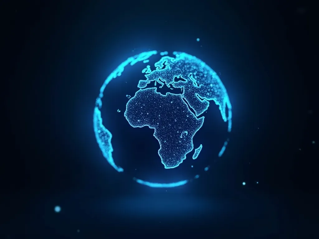 global scientific collaboration network A globe made of interconnected glowing blue lines representing data networks rotating slowly against a dark background symbolizing global connectivity and information exchange in modern times visually appealing composition