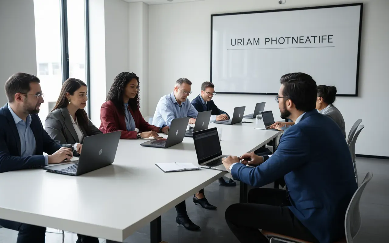 scientific collaboration A group of diverse scientists collaborating around a table with laptops and notebooks in a bright modern conference room.
