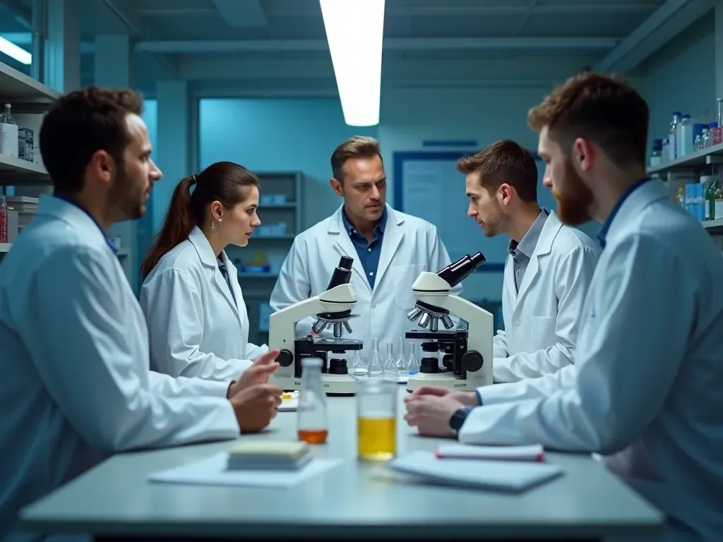 scientific collaboration team A group of diverse scientists in white lab coats collaborating around a central table with beakers and microscopes under bright fluorescent laboratory lighting.