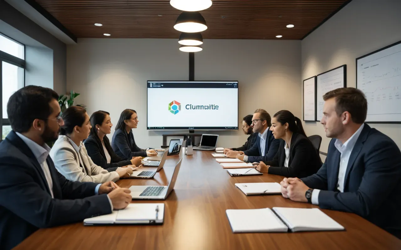 research collaboration meeting A group of scientists in a modern conference room engaged in discussion around a table with laptops and notebooks under warm interior lighting.