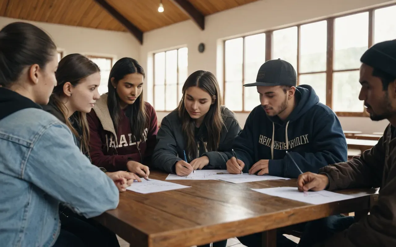research team collaboration A group of young adults sit around a wooden table in a bright community center. They are looking at charts and data printed on paper while one person points to a specific graph, all engaged in active discussion.