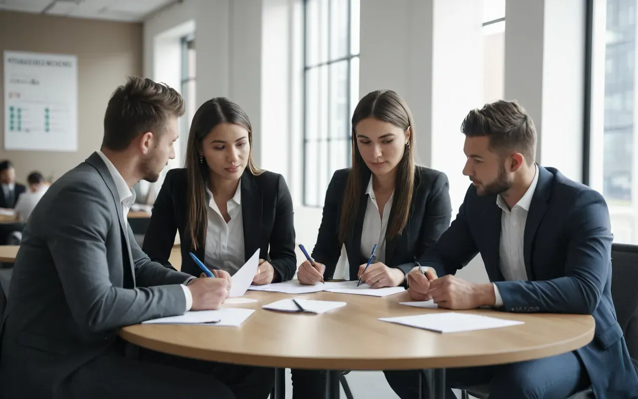 human cost science A group of young professionals in modern casual business attire sitting around a round table in a bright open office. They are holding pens and looking at papers with serious focused expressions. The room is filled with natural light from large windows.