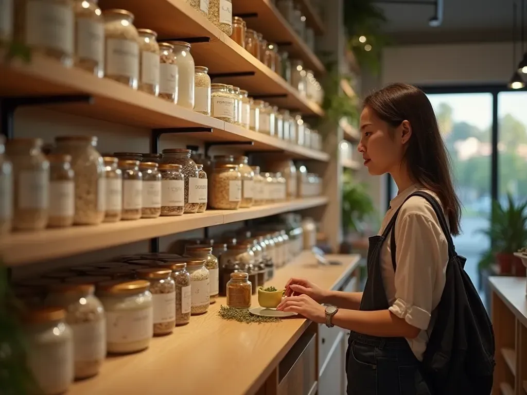 local health stores A modern health store interior with wooden shelves stocked with plain glass jars and a customer talking to an assistant in soft warm light.
