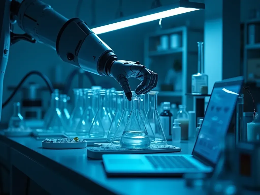 A modern laboratory bench with a sleek robotic arm adjusting glassware under cool blue LED lighting while a laptop screen glows softly in the background without showing any text or numbers.