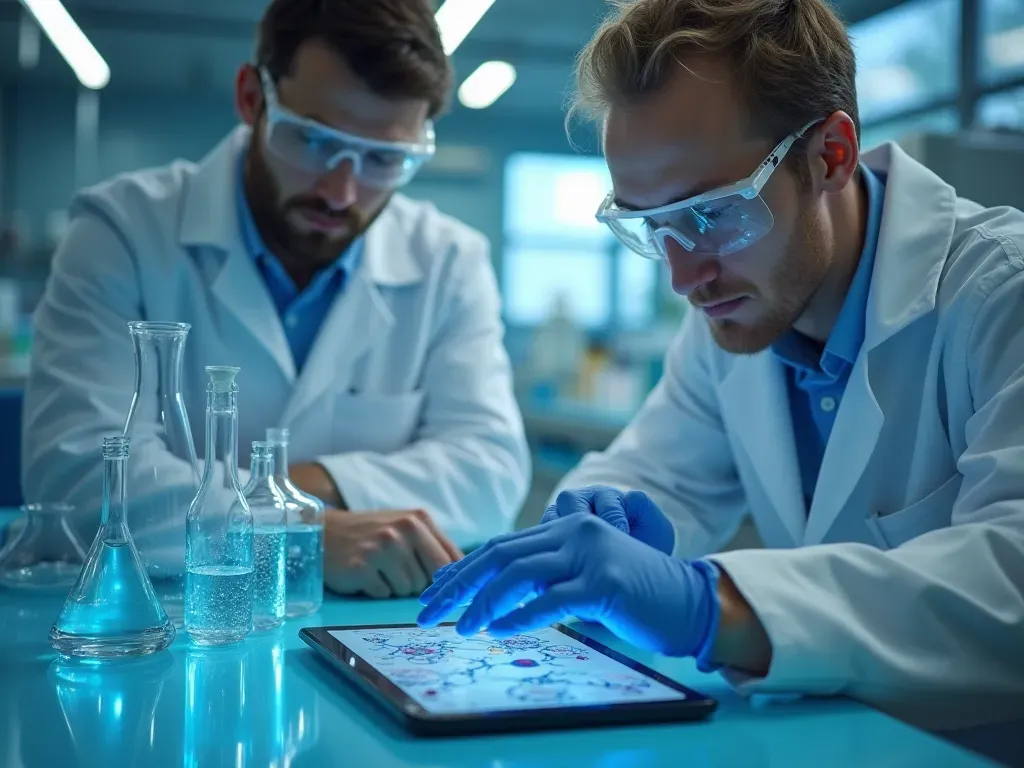 A modern laboratory bench with clear glass beakers and a digital tablet displaying complex molecular structures under bright neutral lighting showing focused scientific work environment without text or branding