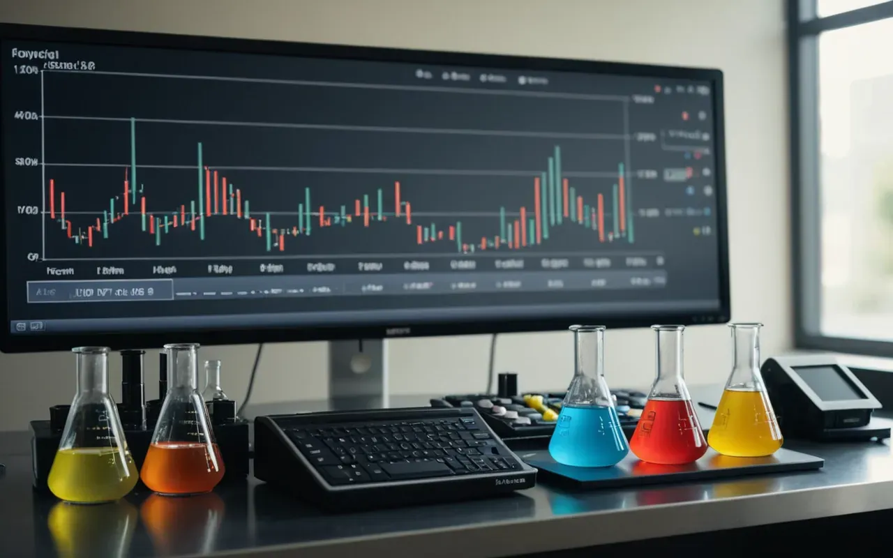lab data visualization A modern laboratory bench with clear glass beakers containing colorful liquids and a laptop displaying a line graph in soft diffused light